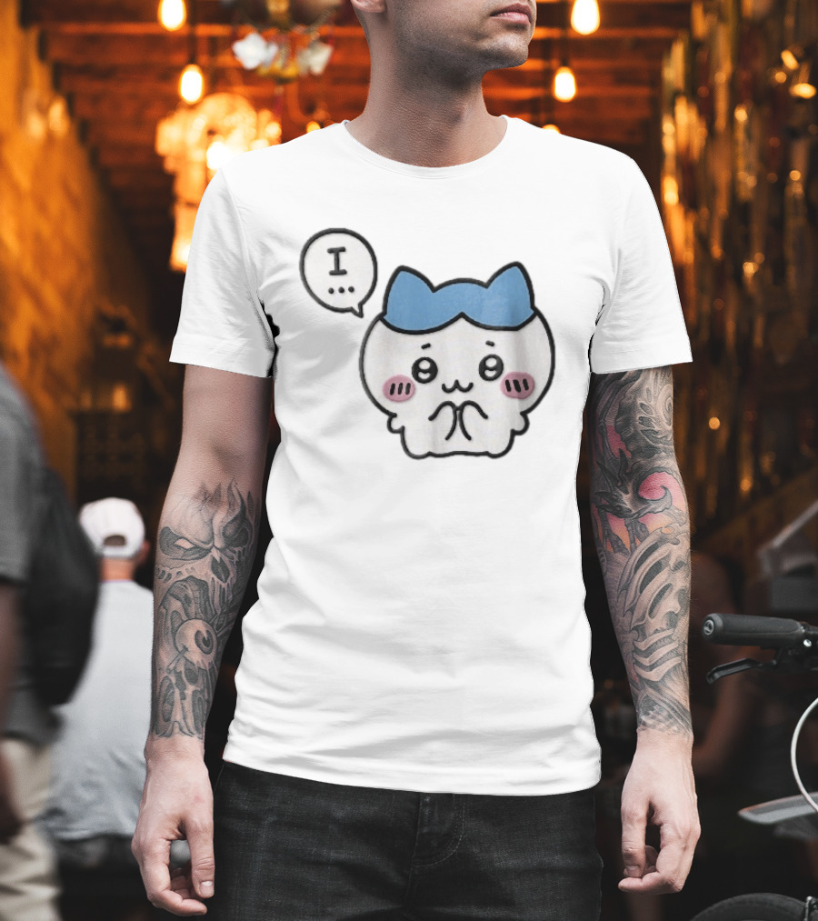 Shy White Cat With Blue Ears Blushing Expression Speech Bubble Text I T-Shirt