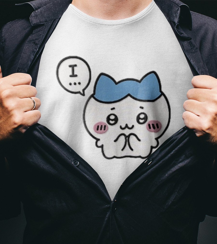 Shy White Cat With Blue Ears Blushing Expression Speech Bubble Text I T-Shirt
