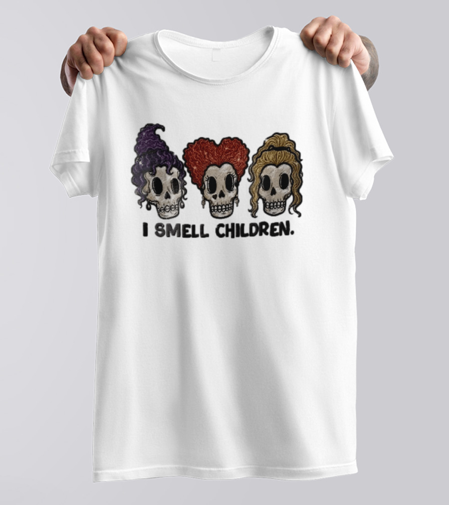 I Smell Children Witch Skulls Sparkle Embroidery Halloween T-Shirt