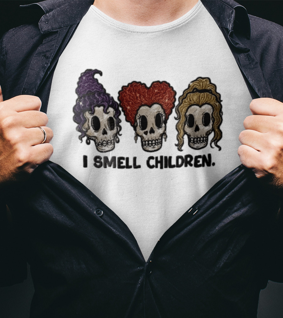 I Smell Children Witch Skulls Sparkle Embroidery Halloween T-Shirt