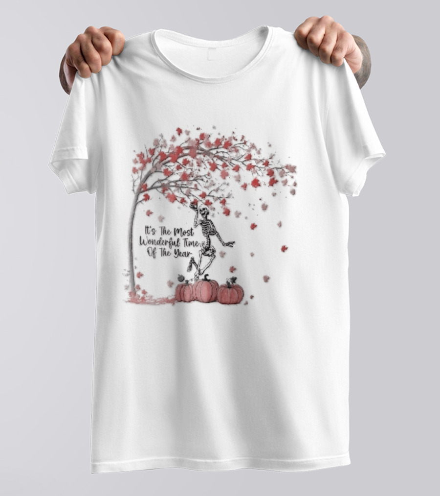 It's The Most Wonderful Time Of Year Dancing Skeleton Autumn Tree Pumpkins T-Shirt