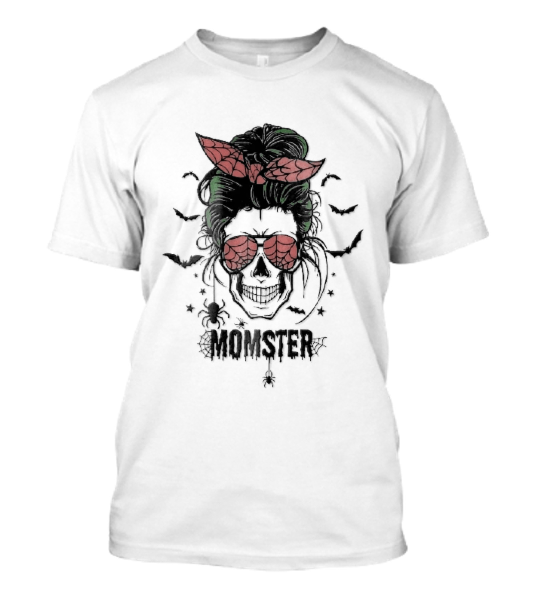 Momster Cartoon Skull Green Messy Bun Spiderweb Glasses T-Shirt
