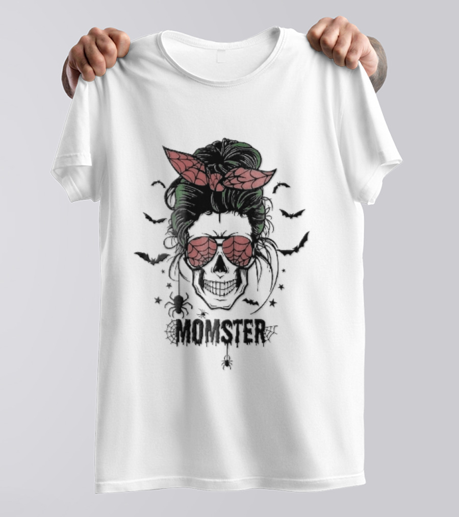 Momster Cartoon Skull Green Messy Bun Spiderweb Glasses T-Shirt