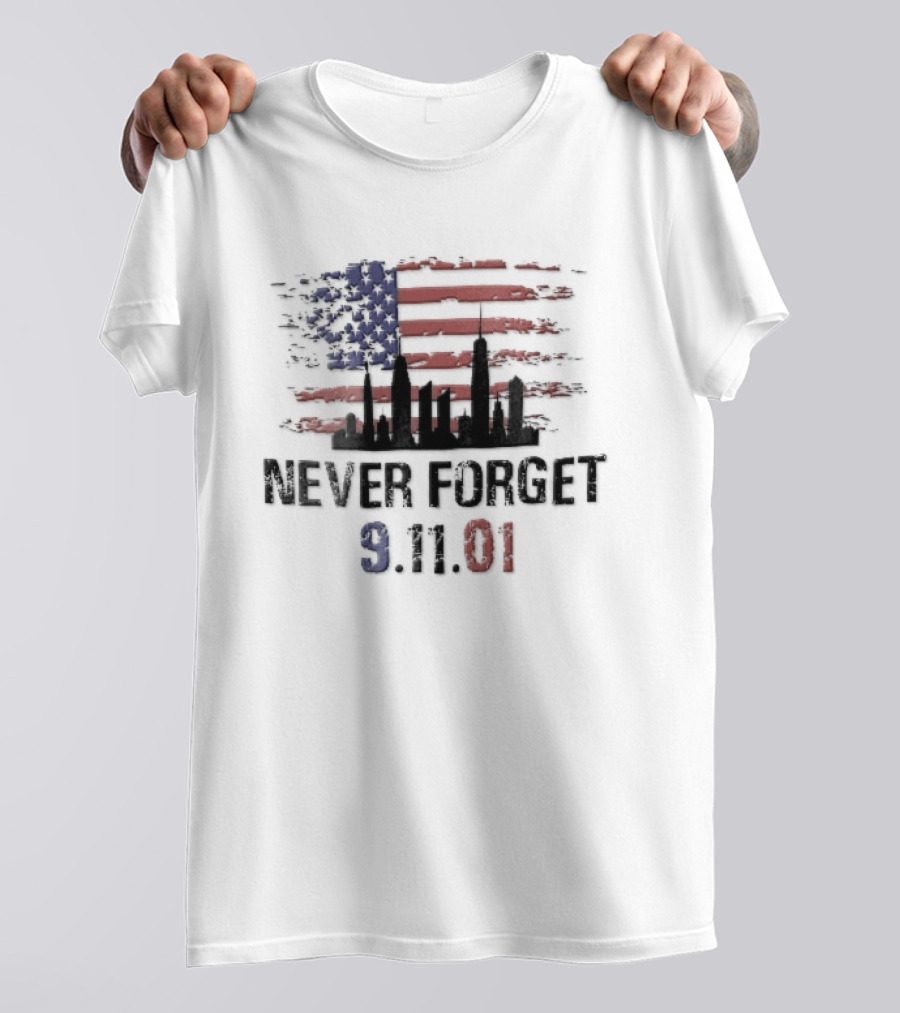 Never Forget 9 11 01 Distressed American Flag NYC Skyline T-Shirt