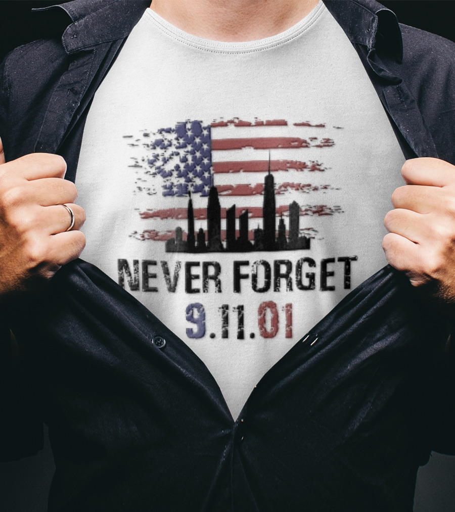 Never Forget 9 11 01 Distressed American Flag NYC Skyline T-Shirt