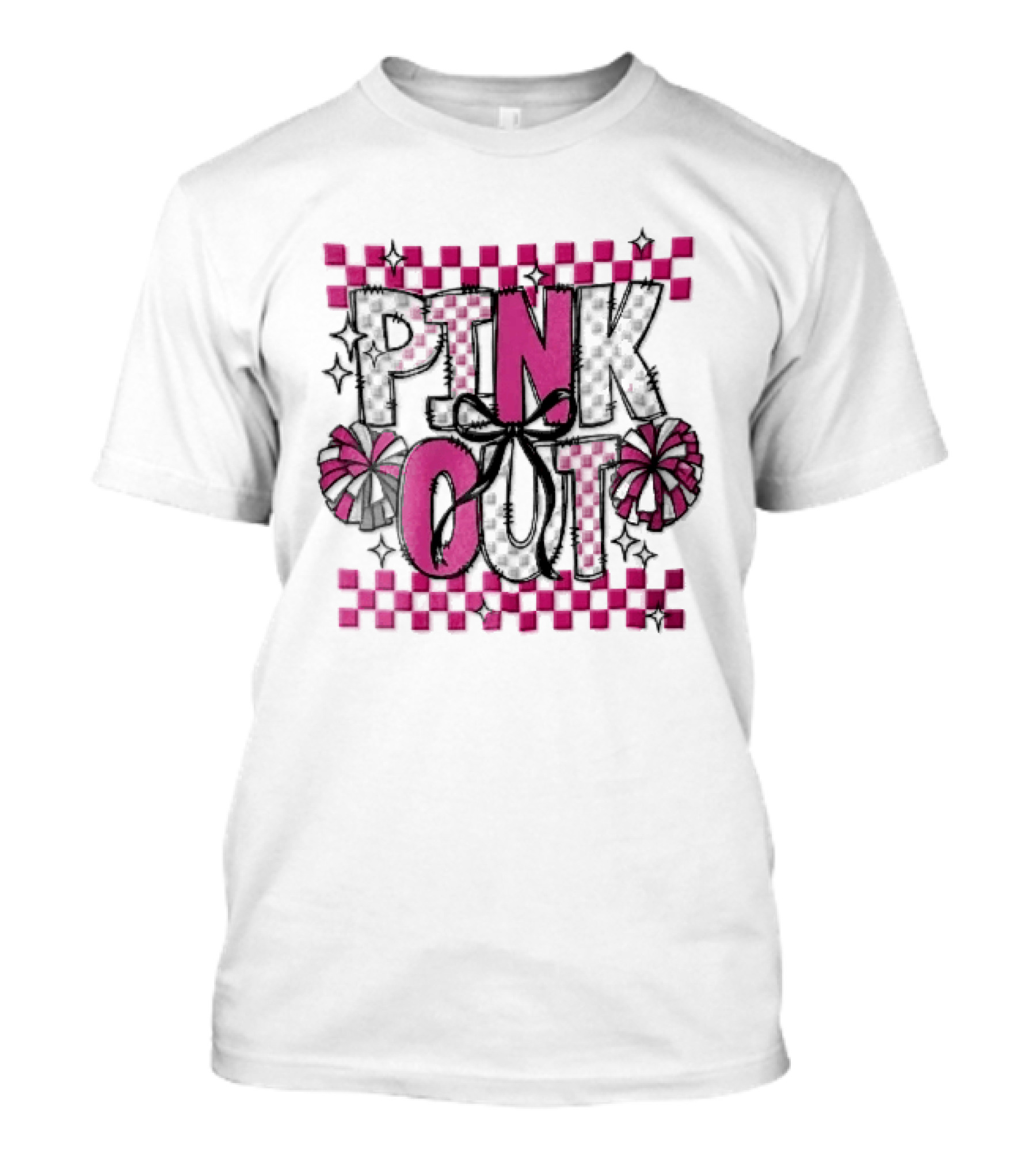 Pink Out Checkerboard Cheerleader Pom Poms Black Ribbon Bow Sparkles T-Shirt