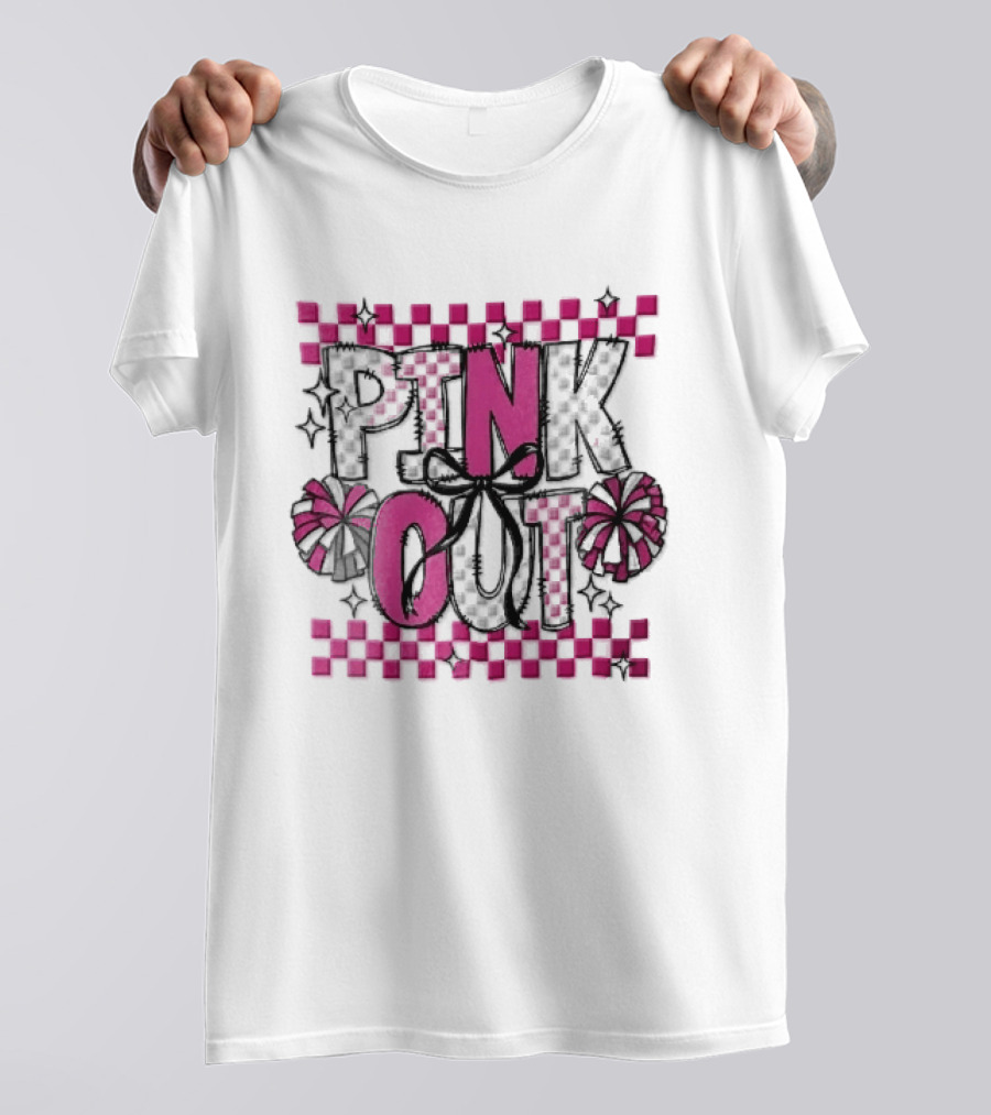 Pink Out Checkerboard Cheerleader Pom Poms Black Ribbon Bow Sparkles T-Shirt