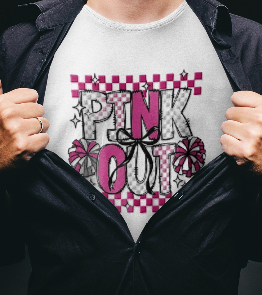 Pink Out Checkerboard Cheerleader Pom Poms Black Ribbon Bow Sparkles T-Shirt