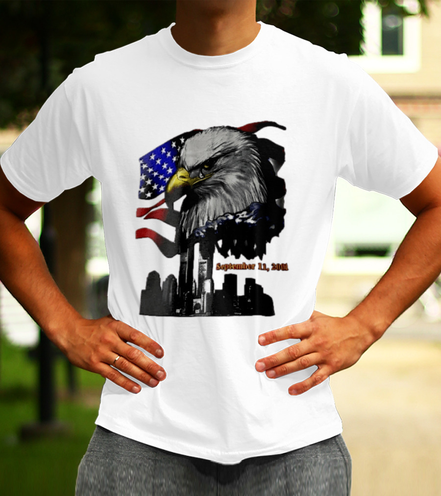 September 11 2001 Twin Towers New York Skyline Crying Bald Eagle American Flag T-Shirt