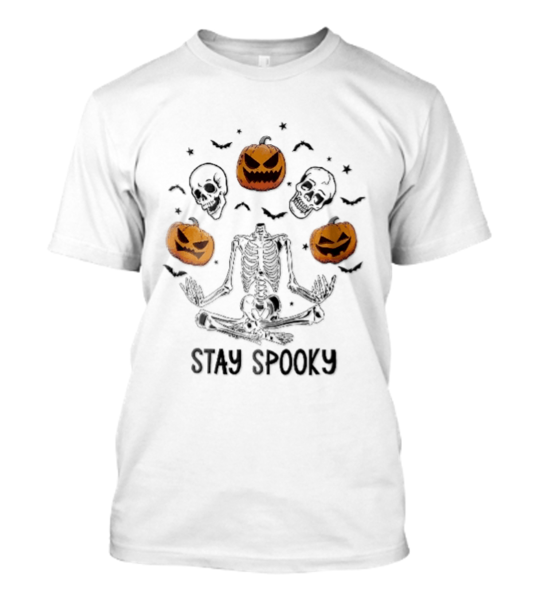 Stay Spooky Headless Skeleton Meditating Floating Skulls Pumpkins Bats Halloween T-Shirt