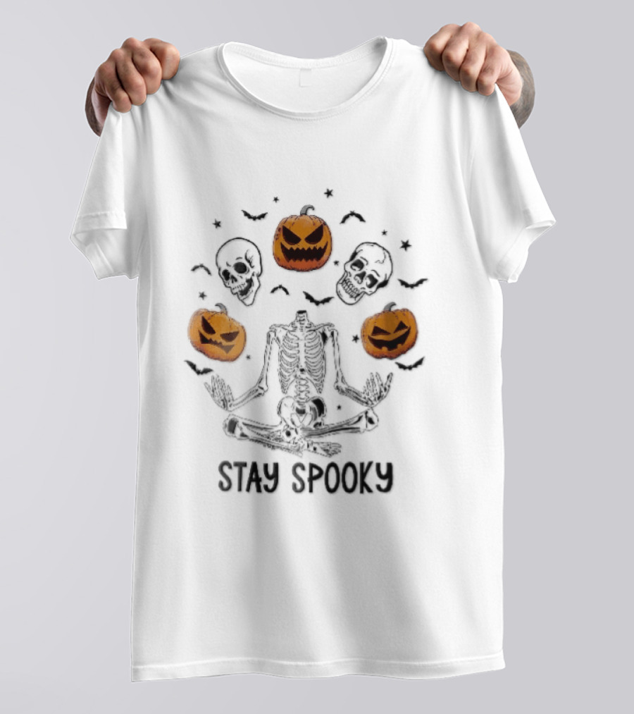 Stay Spooky Headless Skeleton Meditating Floating Skulls Pumpkins Bats Halloween T-Shirt
