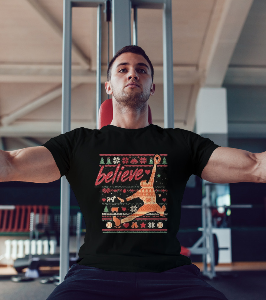 Believe Orioles Air Cowser Ugly Christmas Festive Sweater Baseball Catch T-Shirt