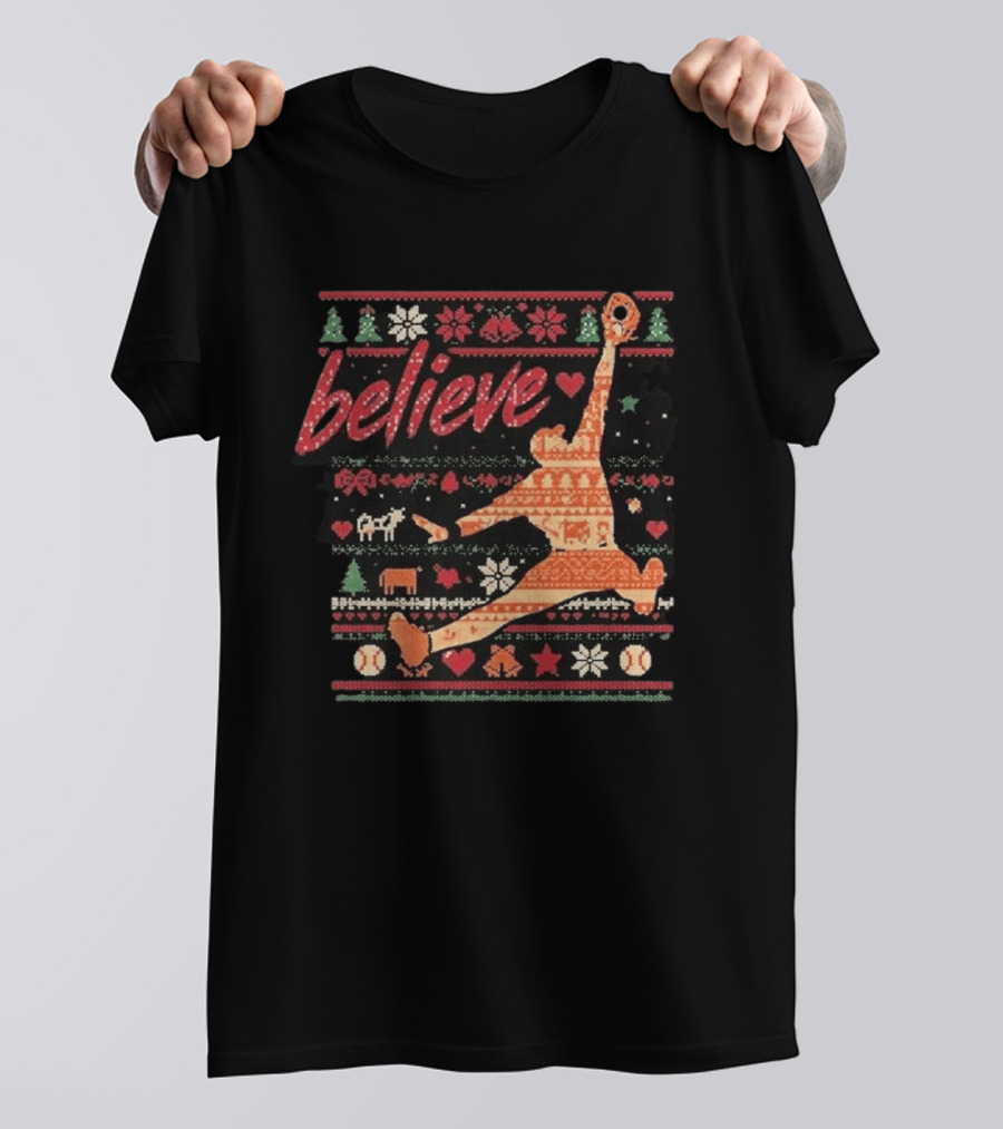 Believe Orioles Air Cowser Ugly Christmas Festive Sweater Baseball Catch T-Shirt