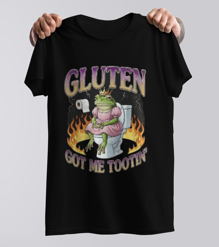 Gluten Got Me Tootin Cartoon Frog Princess Dress Toilet Flames T-Shirt