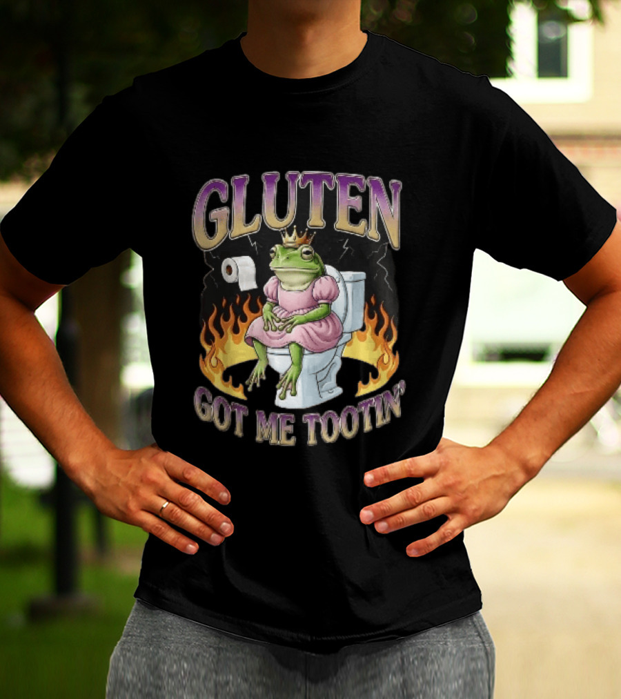 Gluten Got Me Tootin Cartoon Frog Princess Dress Toilet Flames T-Shirt