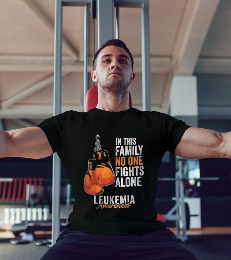 In This Family No One Fights Alone Leukemia Awareness Orange Boxing Gloves T-Shirt