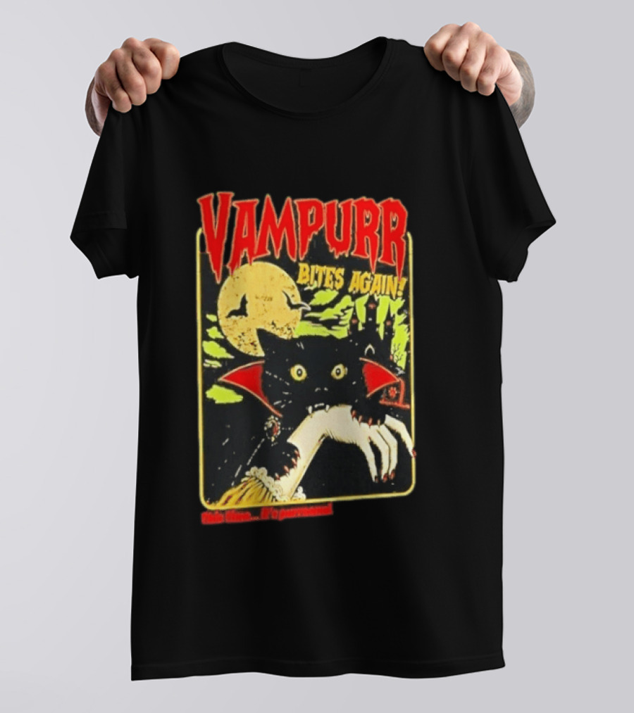 Vampurr Bites Again This Time It's Purrsonal Vintage Horror Cat Moon And Castle T-Shirt