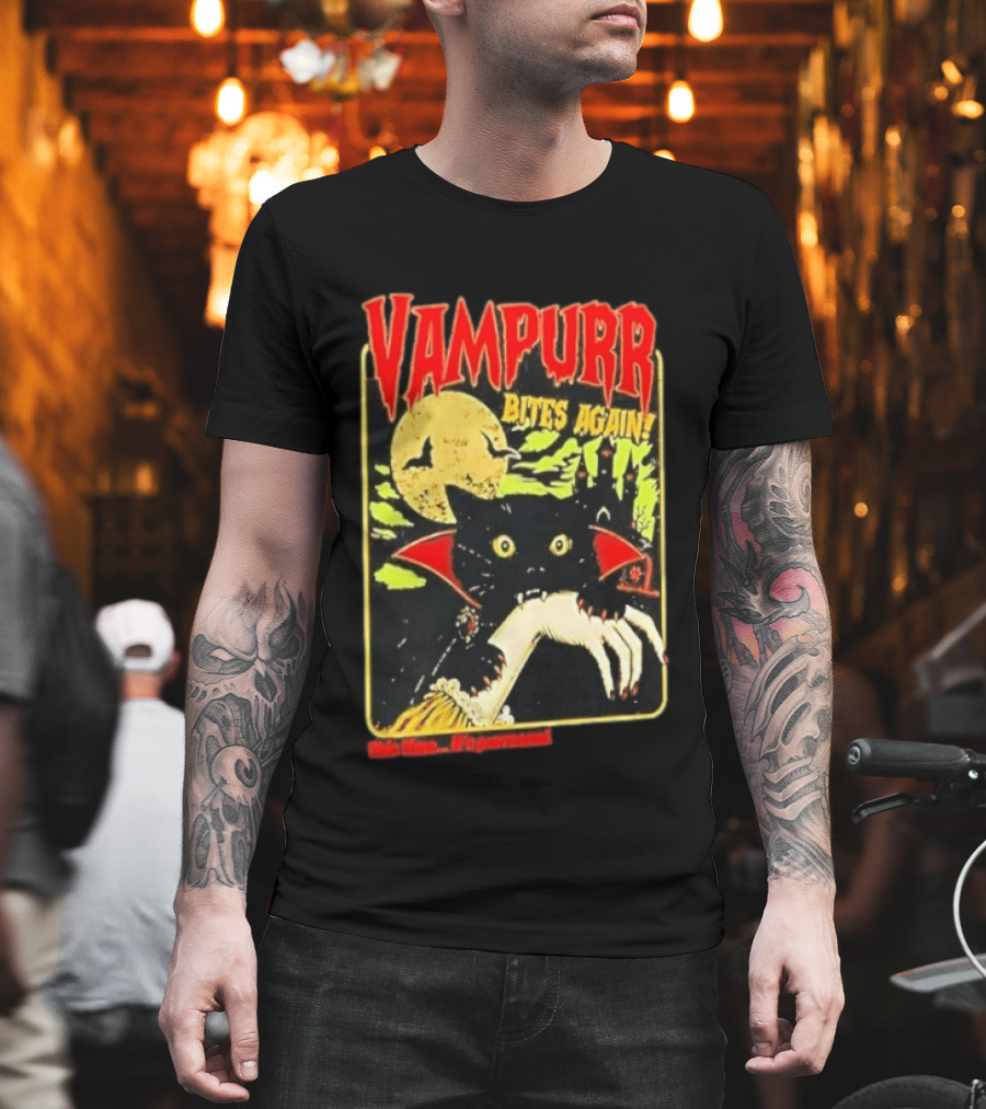 Vampurr Bites Again This Time It's Purrsonal Vintage Horror Cat Moon And Castle T-Shirt