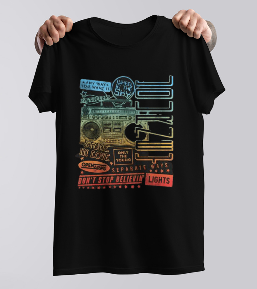 Journey Don't Stop Believin' Wheel In The Sky Stone In Love Open Arms Retro Radio T-Shirt