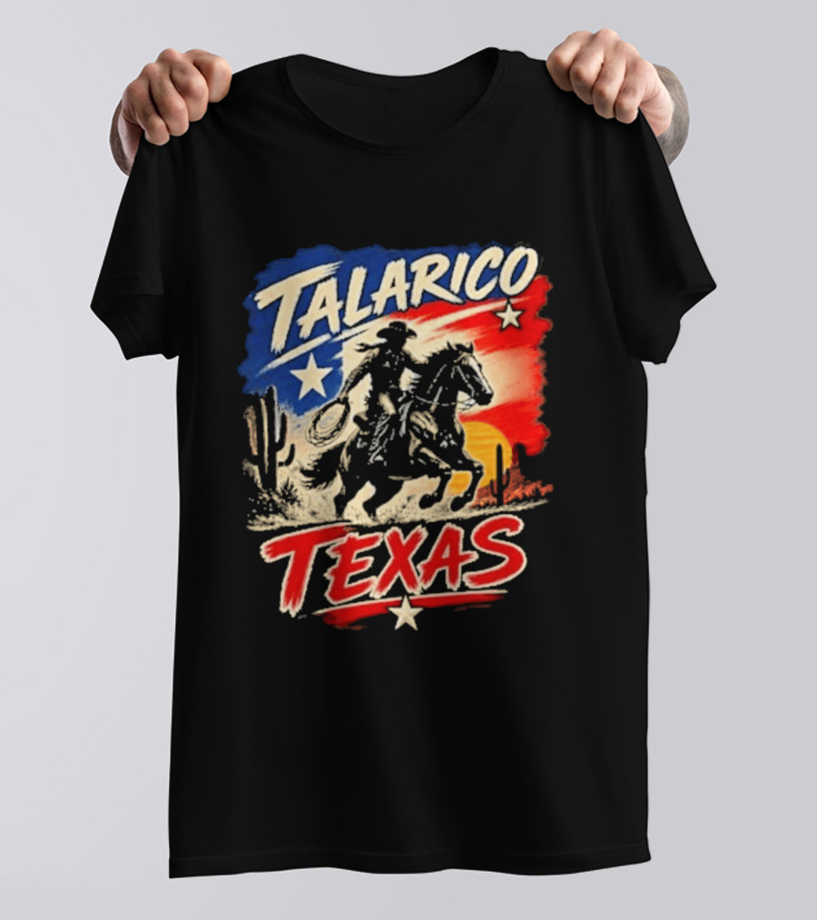 Talarico Texas Cowboy Riding Silhouette With Lone Star And Cactus T-Shirt