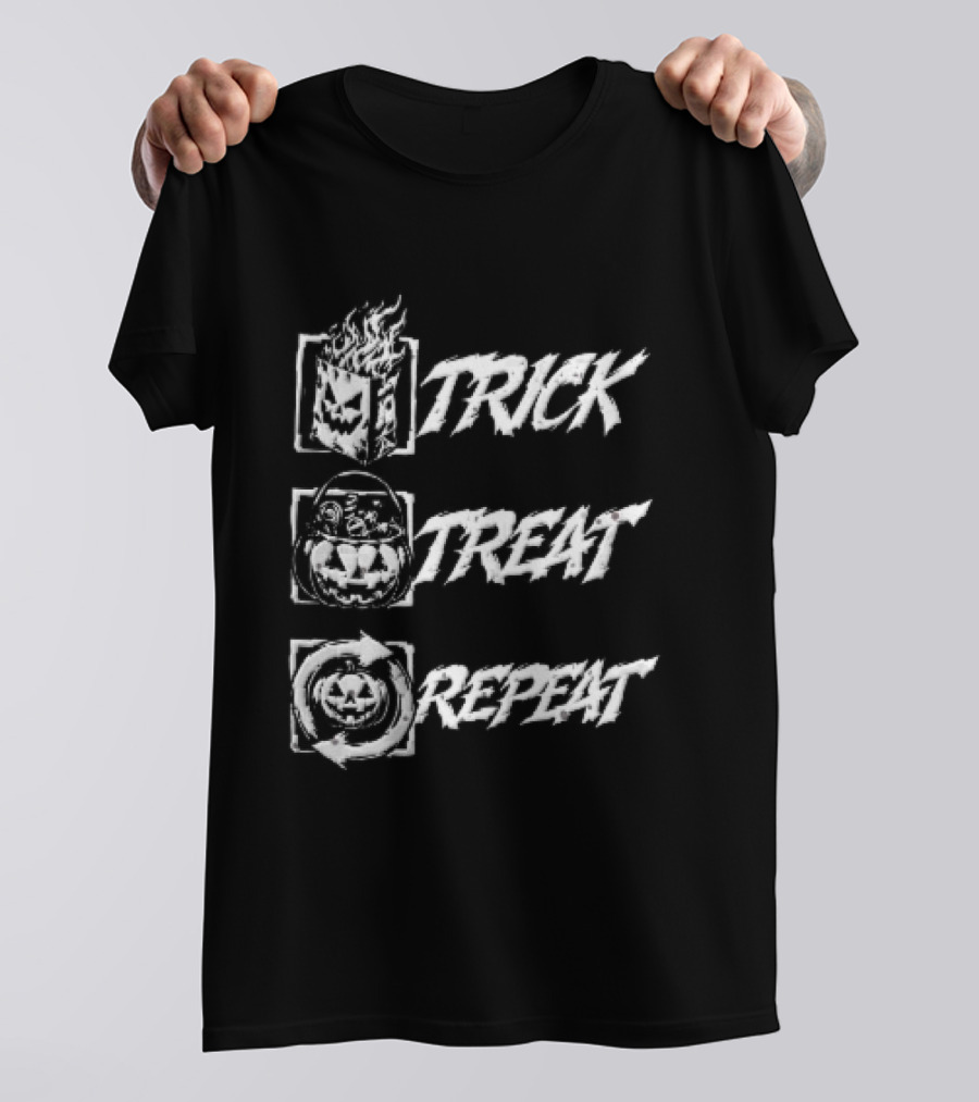 Trick Treat Repeat Flaming Bag Candy Bucket Pumpkin Motif T-Shirt