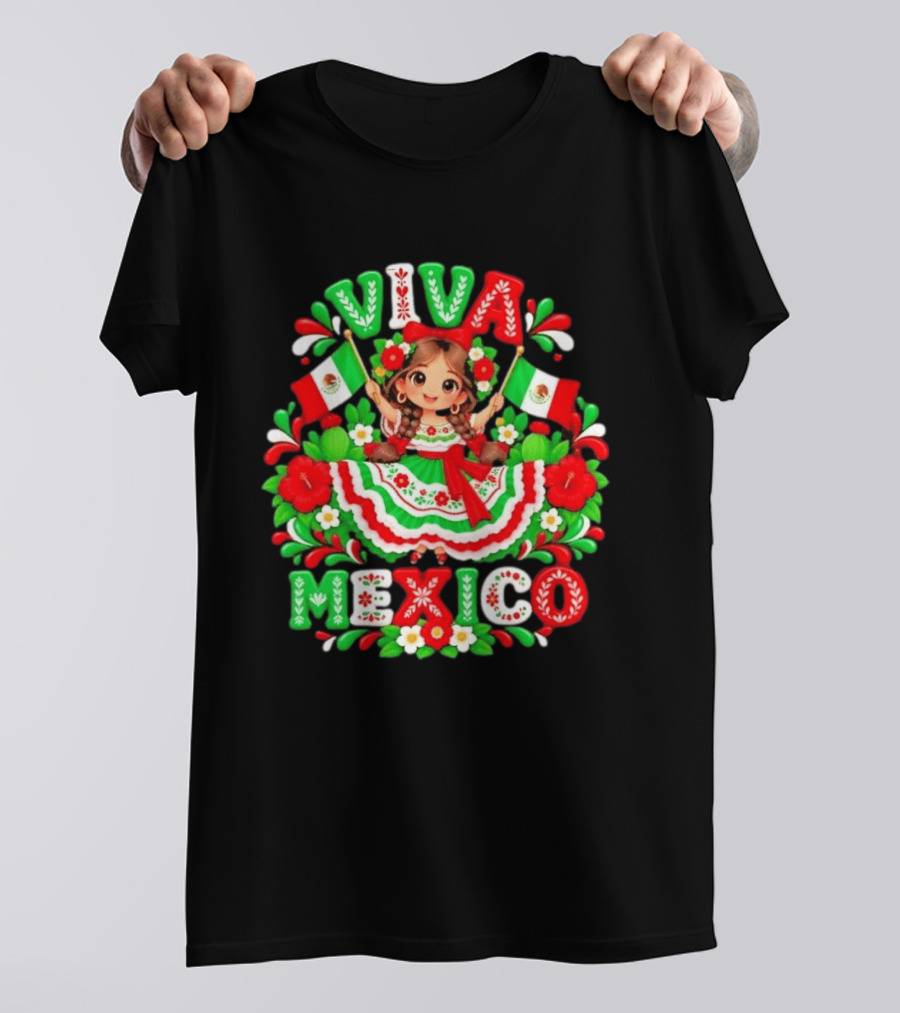 Viva Mexico Girl Festive Mexican Flags Floral Celebration T-Shirt