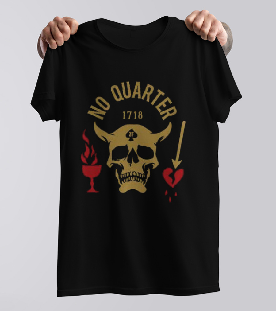 No Quarter 1718 Skull Red Heart Flame Arrow T-Shirt