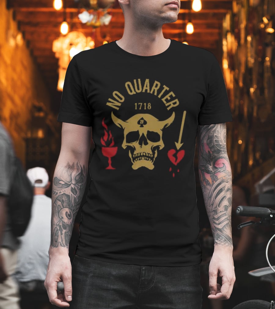 No Quarter 1718 Skull Red Heart Flame Arrow T-Shirt