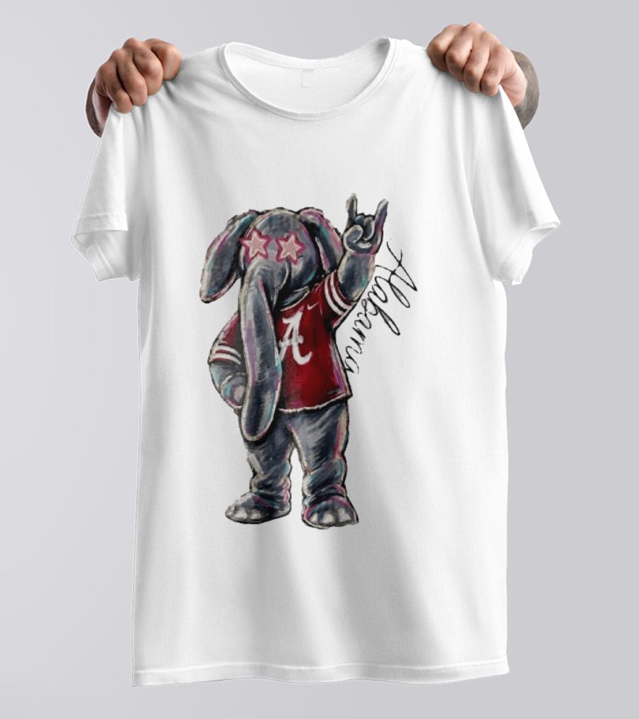 Alabama Crimson Tide Elephant Pink Star Glasses Hand Sign Sketch T-Shirt