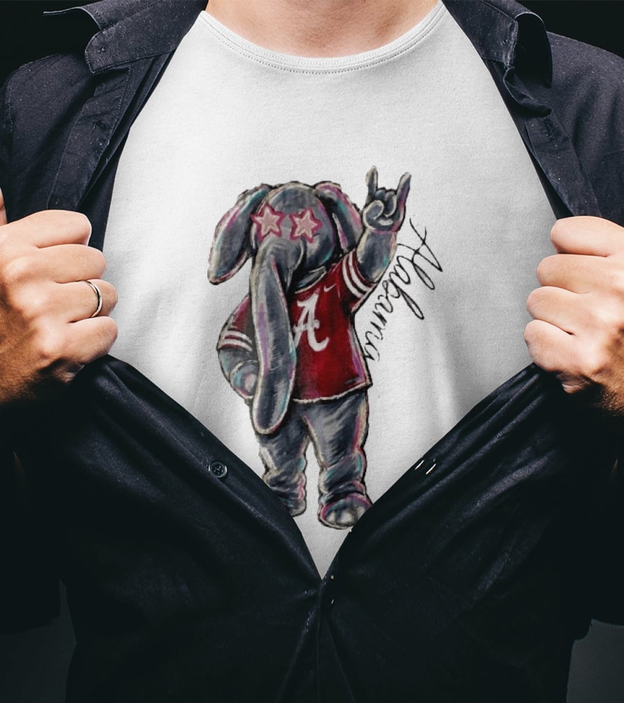 Alabama Crimson Tide Elephant Pink Star Glasses Hand Sign Sketch T-Shirt