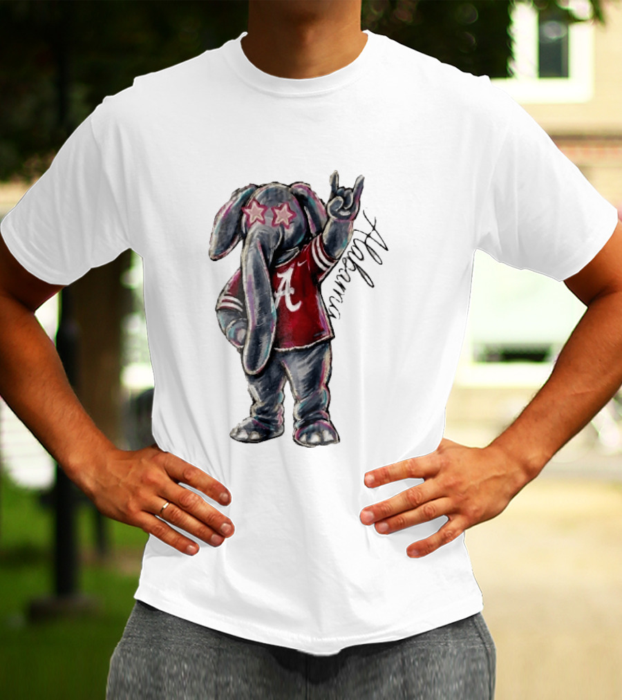 Alabama Crimson Tide Elephant Pink Star Glasses Hand Sign Sketch T-Shirt