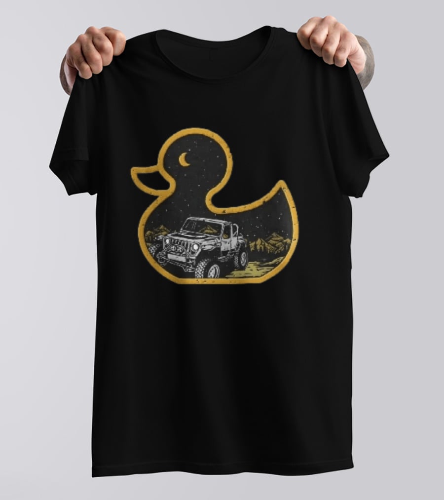 Distressed Yellow Duck Jeep Mountains Night Sky Crescent Moon T-Shirt