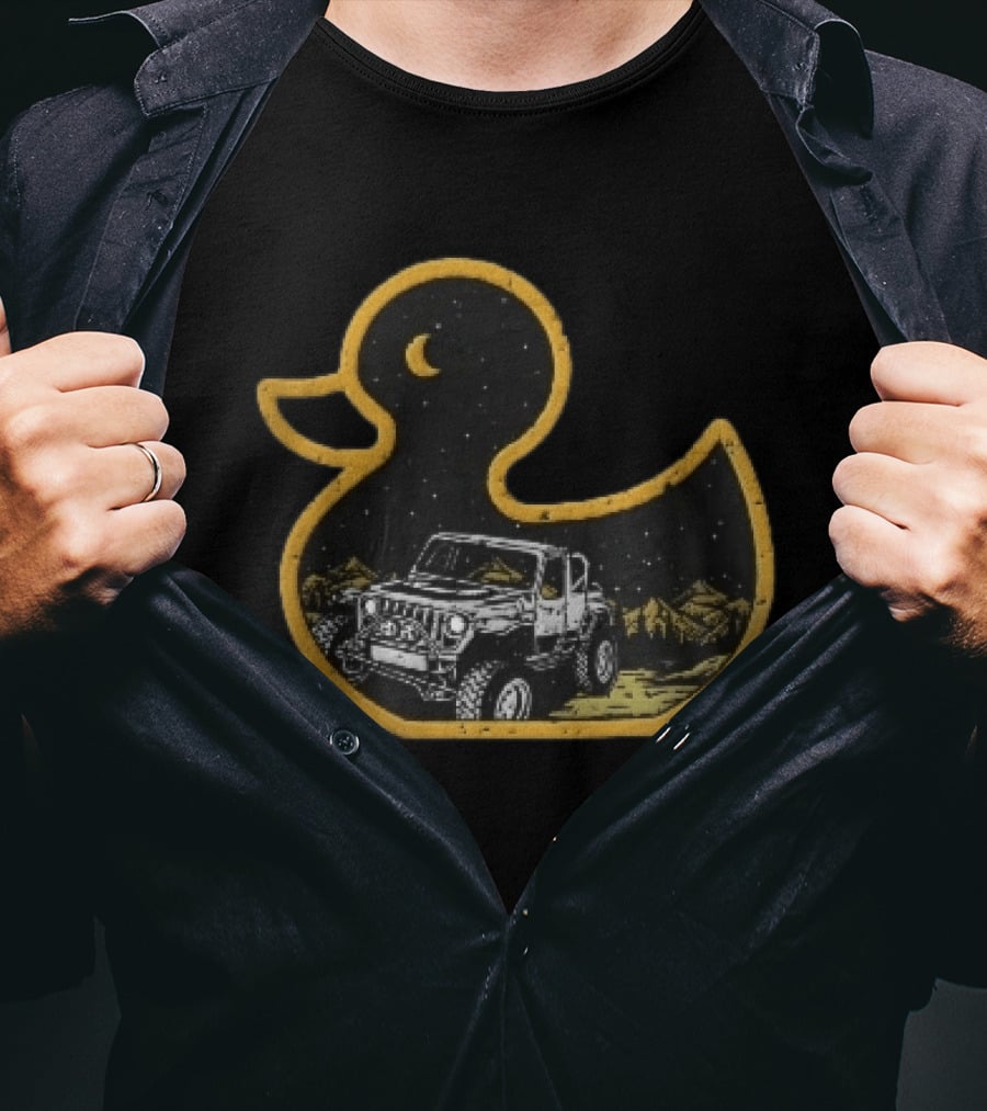 Distressed Yellow Duck Jeep Mountains Night Sky Crescent Moon T-Shirt