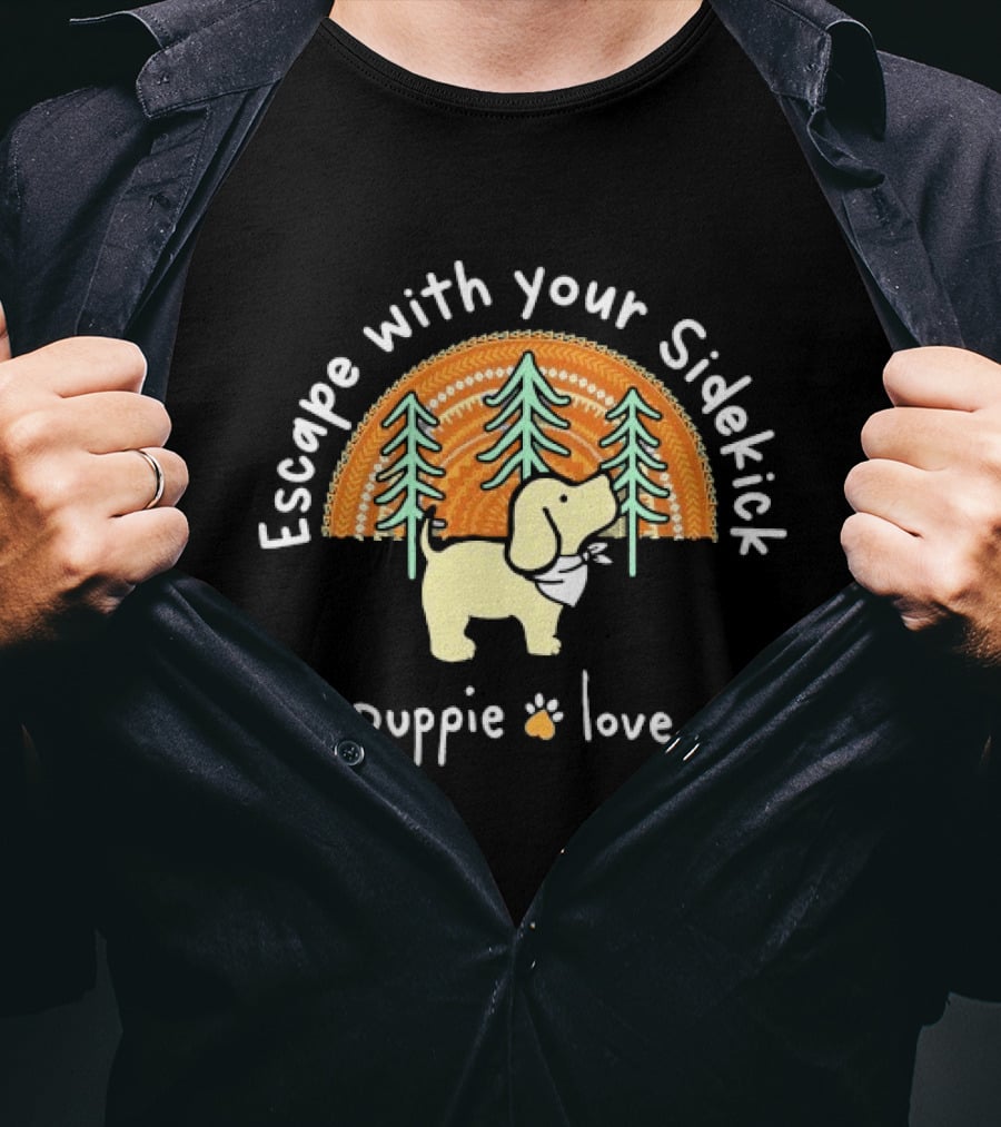 Puppie Love Escape With Your Sidekick Forest Adventure Vintage Sunset T-Shirt