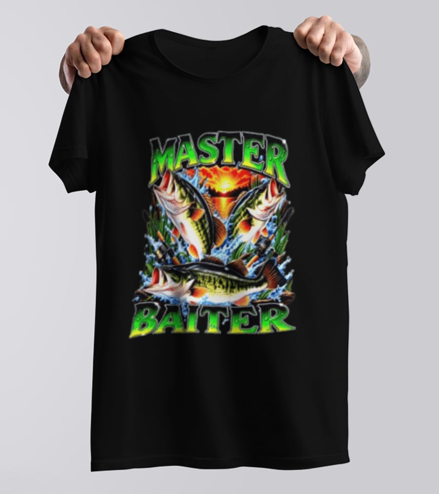 Master Baiter Fishing Large Mouth Bass Sunset Scene T-Shirt