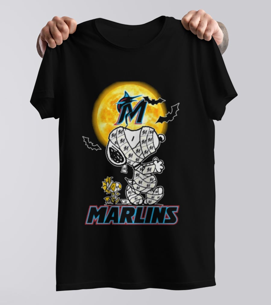 Miami Marlins Snoopy Woodstock Mummy Halloween Moon T-Shirt