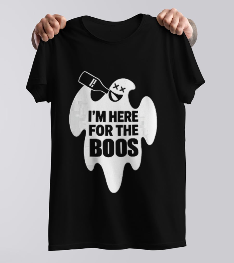 I'm Here For The Boos Cartoon Ghost Drinking Alcohol Bottle T-Shirt