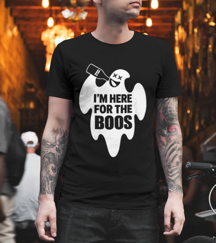 I'm Here For The Boos Cartoon Ghost Drinking Alcohol Bottle T-Shirt