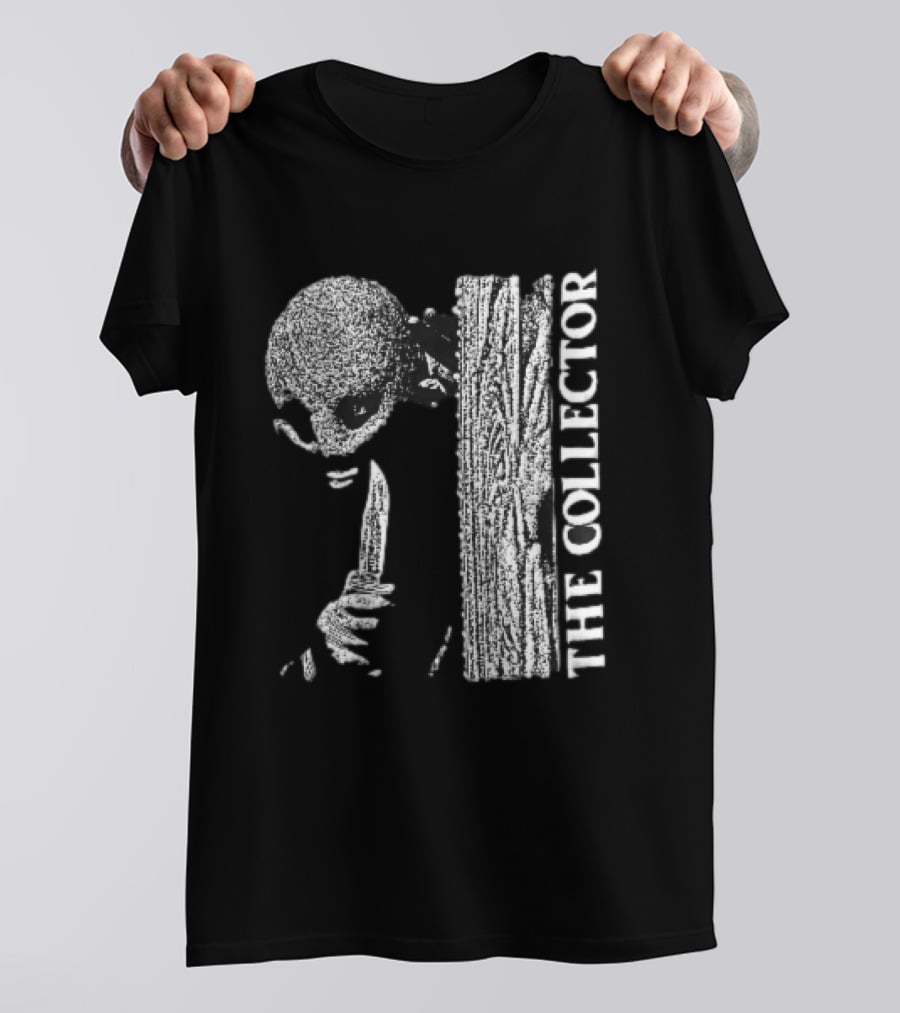 The Collector Masked Figure Knife Wooden Door Peeking Halftone T-Shirt