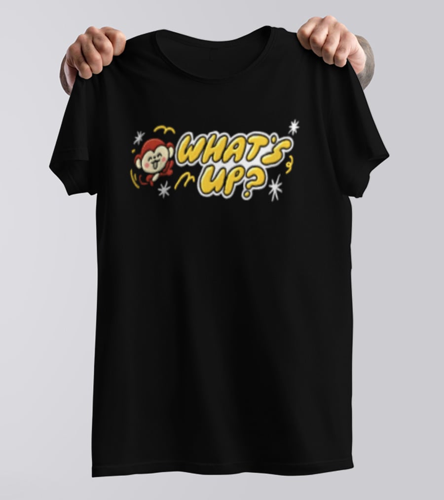 What's Up Cartoon Monkey Waving White Sparkles Squiggles T-Shirt