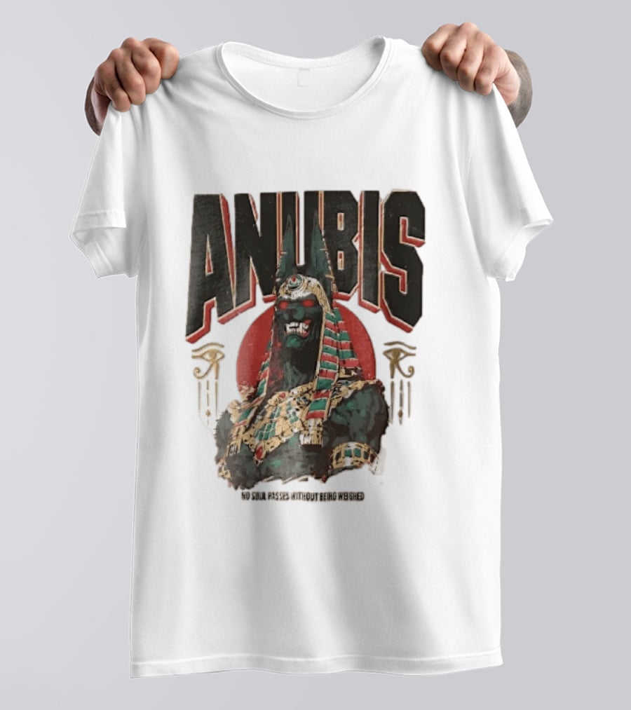 Anubis Jackal Headed Egyptian God Distressed No Soul Passes Without Being Weighed Sun T-Shirt