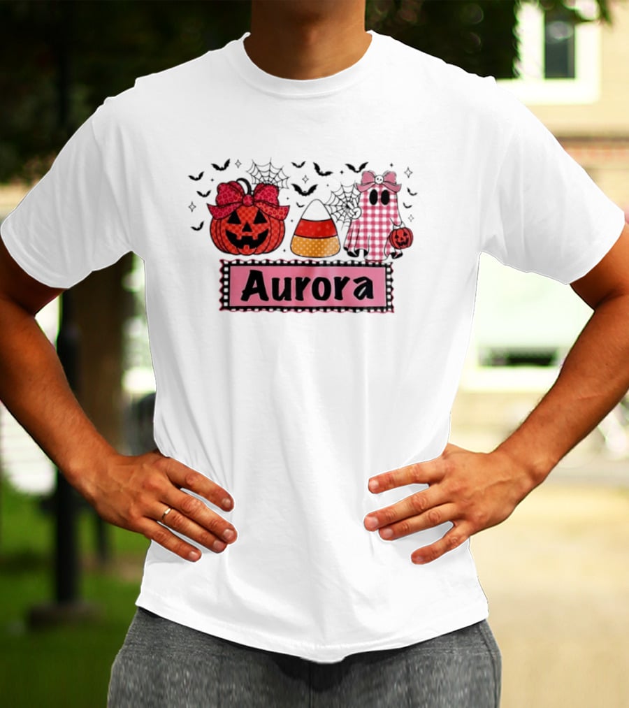 Aurora Halloween Pumpkin Ghost Candy Corn And Spiderwebs T-Shirt