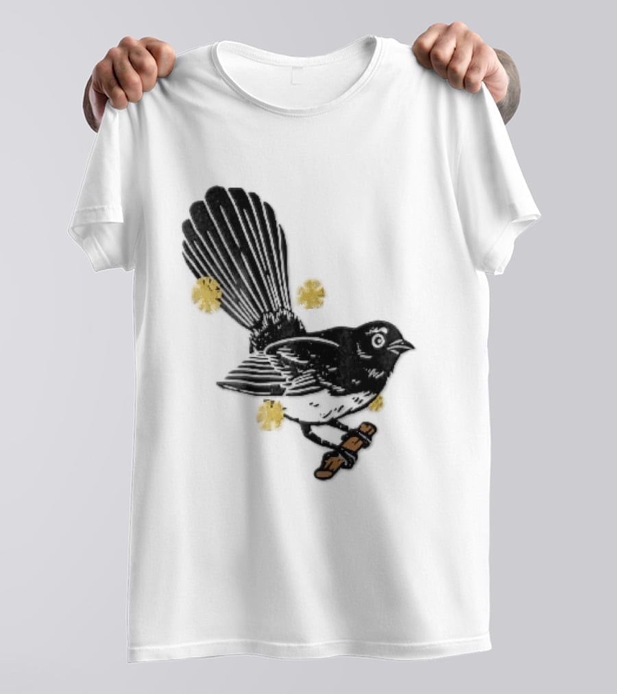 Black White Linocut Fantail Bird Branch Yellow Flowers T-Shirt