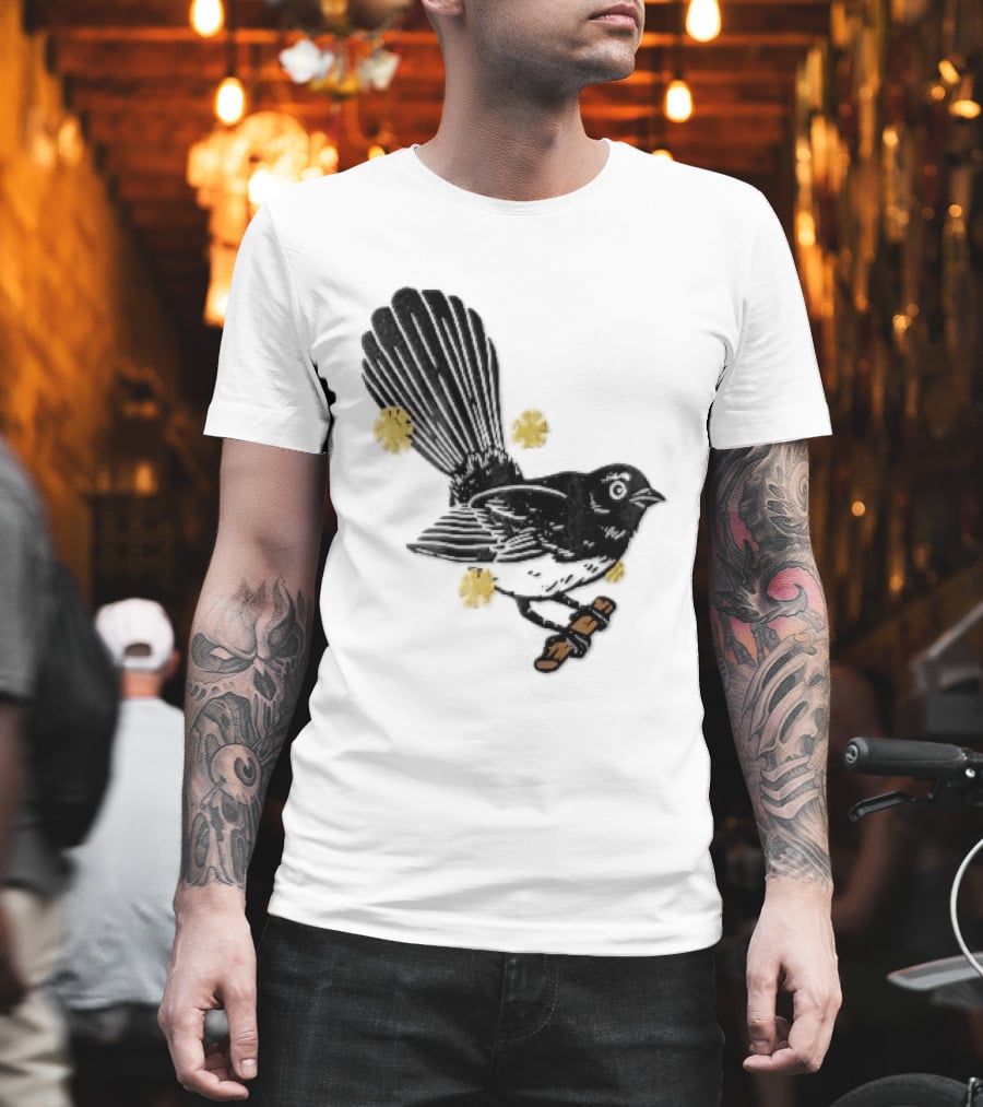 Black White Linocut Fantail Bird Branch Yellow Flowers T-Shirt