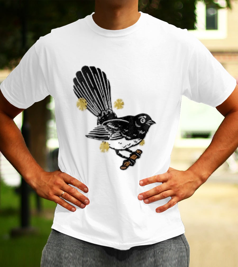 Black White Linocut Fantail Bird Branch Yellow Flowers T-Shirt