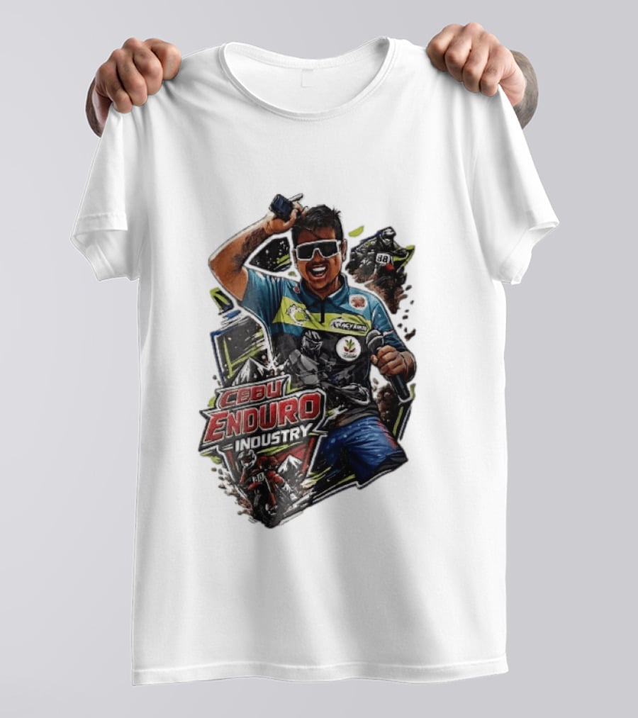 Cebu Enduro Industry Host With Microphone And Dirt Bike Riders Caricature T-Shirt