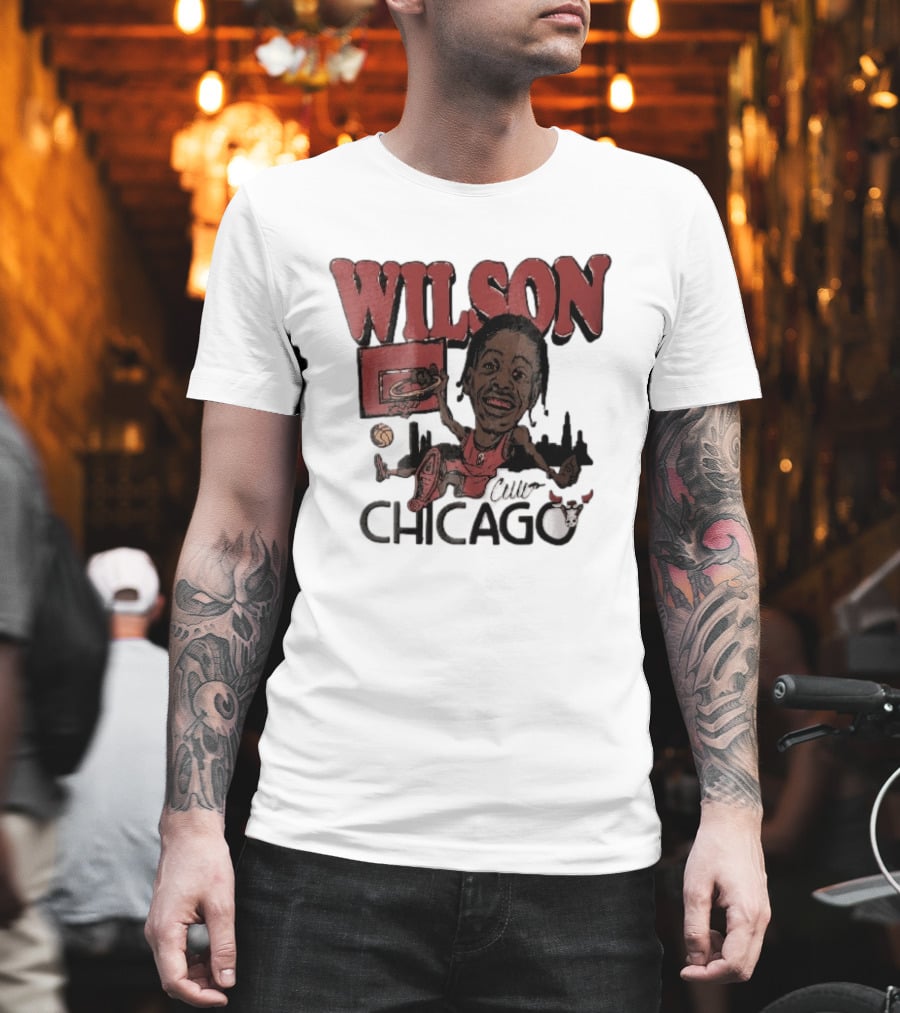 Chicago Bulls Wilson Cartoon Caricature Dunking City Skyline T-Shirt