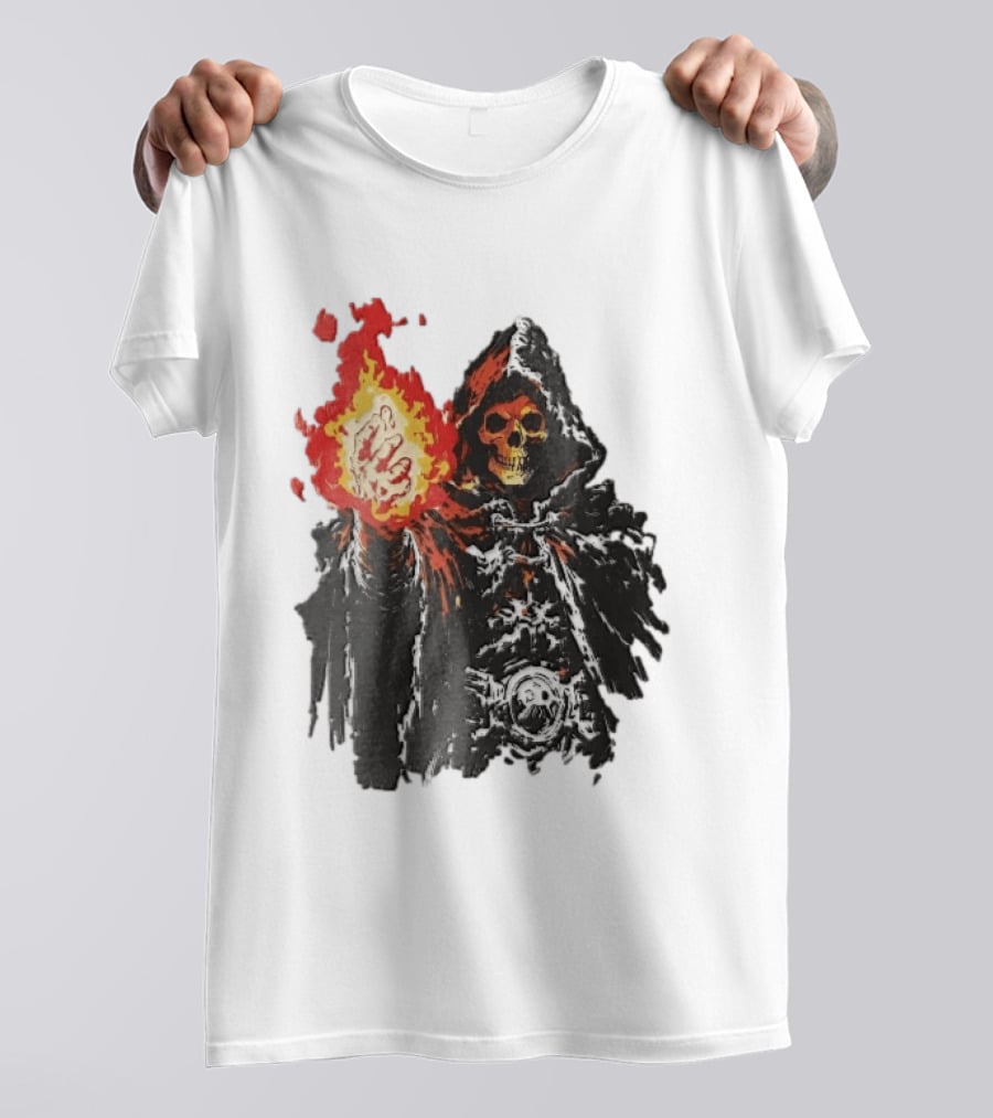 Hooded Skeleton Sorcerer With Glowing Red Fireball T-Shirt