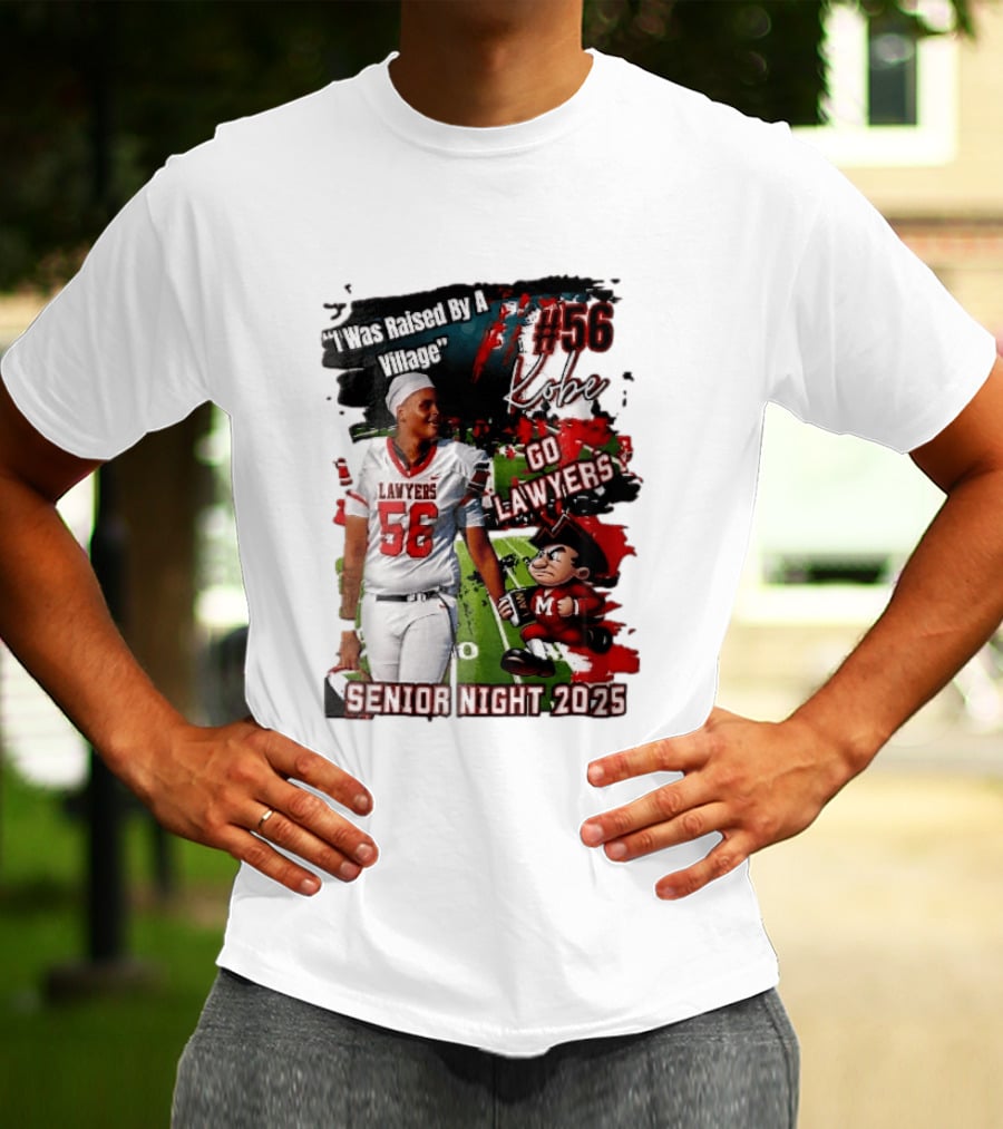 I Was Raised By A Village Kobe #56 Go Lawyers Senior Night 2025 Football Field Cartoon T-Shirt