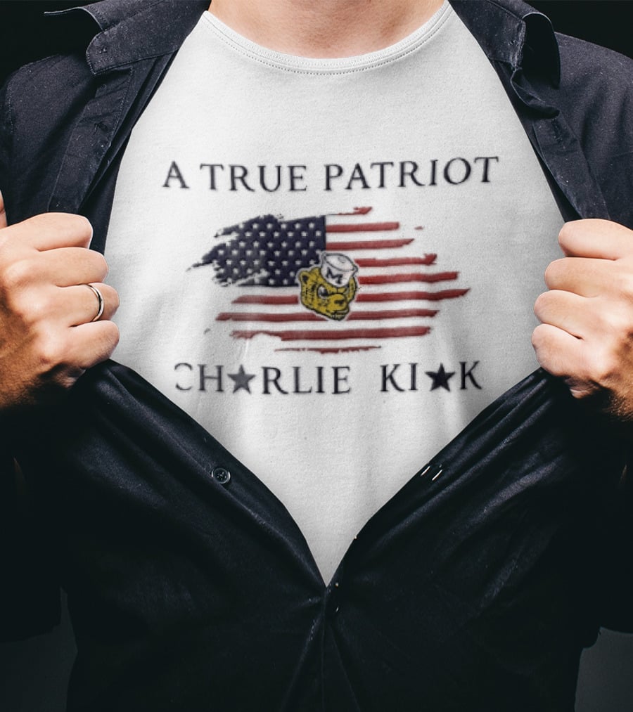 A True Patriot Charlie Kirk Distressed US Flag Wolverine Head T-Shirt